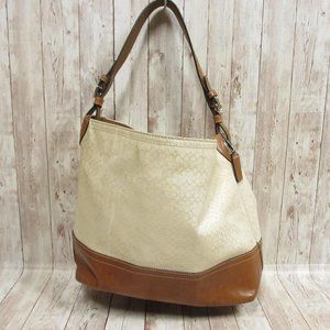 Coach Womens Signature Shoulder Bag Tote Purse White Brown Leather Trim